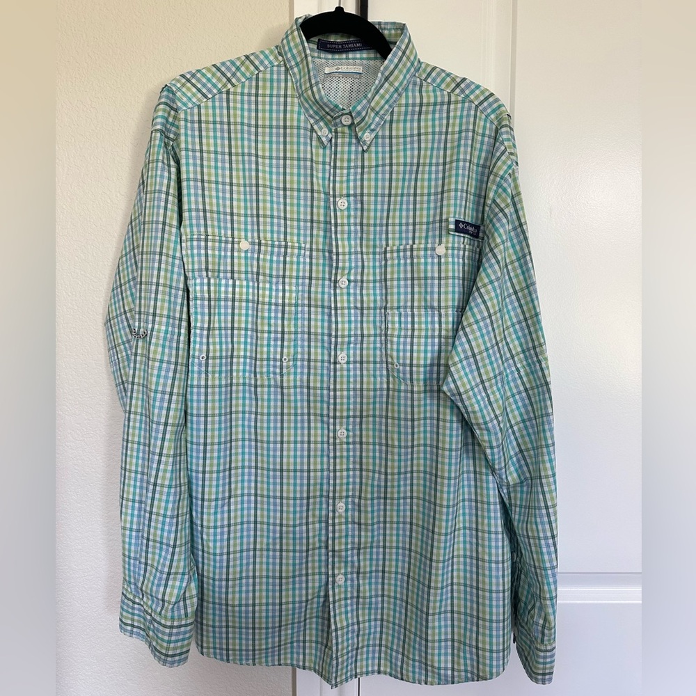 Columbia Men's Blue and Green Checkered Shirt